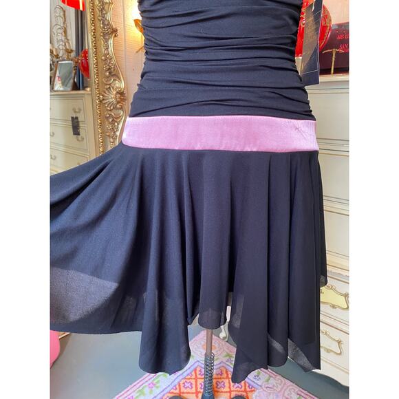 vintage y2k black ruched net off the shoulders dress trixxi hankie hem pink sash - Picture 3 of 9